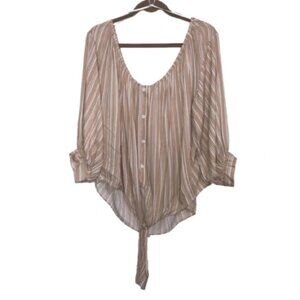 Lulu’s Off Shoulder Blouse Top XL Stripe Tan  Cream Keyhole Tie Bottom